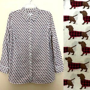 Talbots White and Red Dachshund Print Button Down Shirt